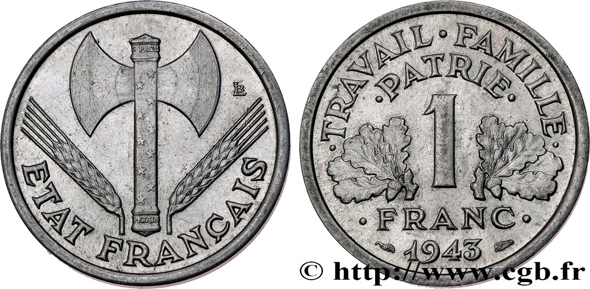 1 franc Francisque, légère 1943  F.223/3 SUP60 