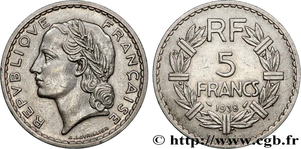 5 francs Lavrillier, nickel 1938  F.336/7 TTB45 