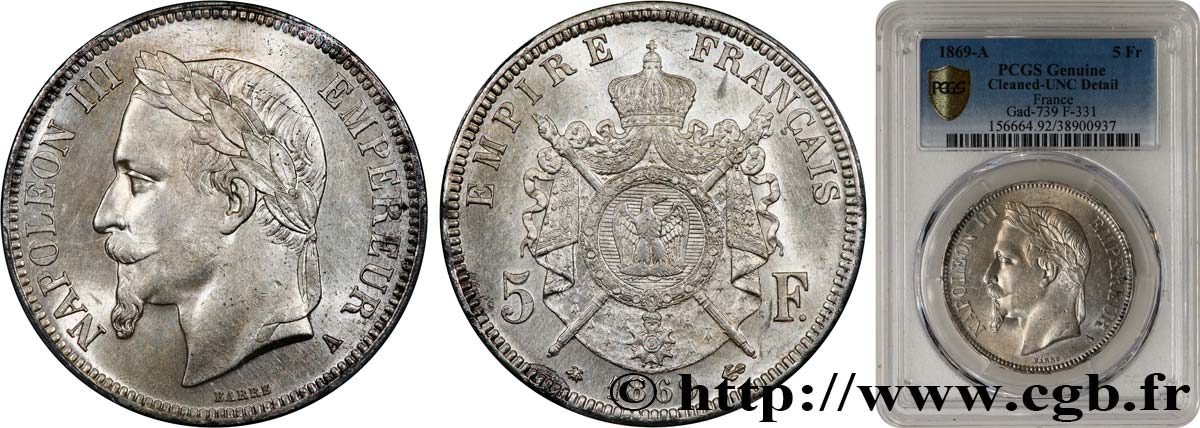 5 francs Napoléon III, tête laurée 1869 Paris F.331/14 SPL PCGS