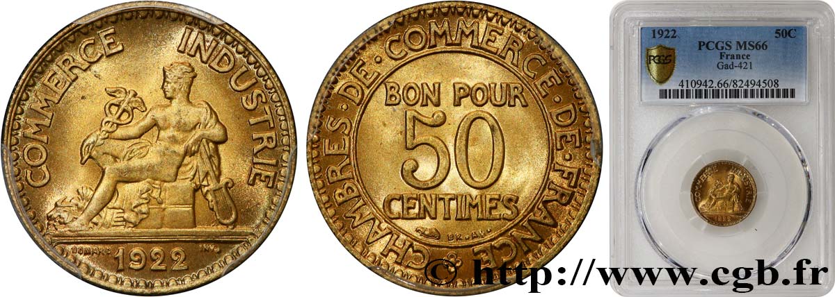 50 centimes Chambres de Commerce 1922 Paris F.191/4 FDC66 PCGS