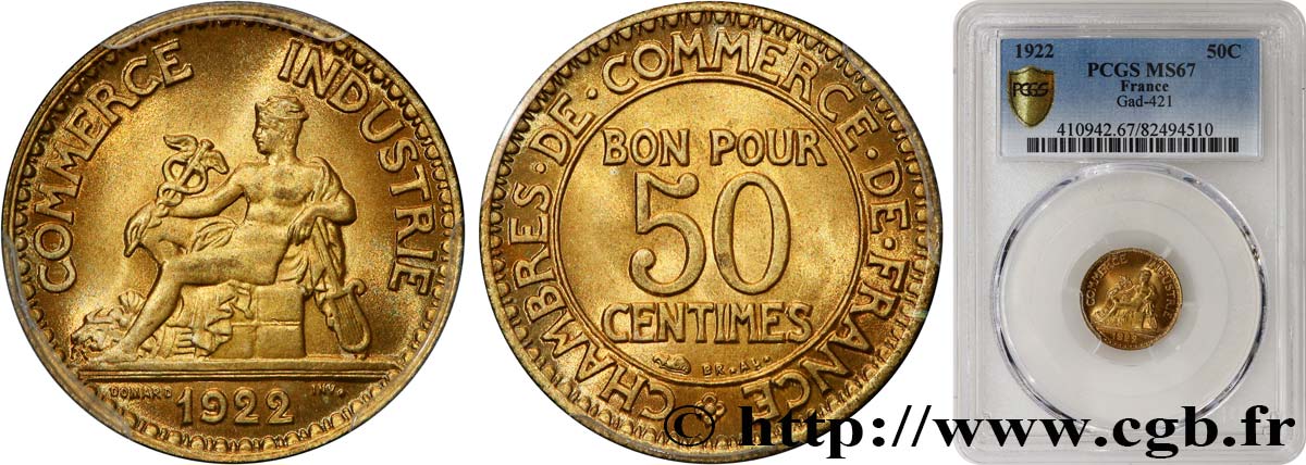 50 centimes Chambres de Commerce 1922 Paris F.191/4 ST67 PCGS