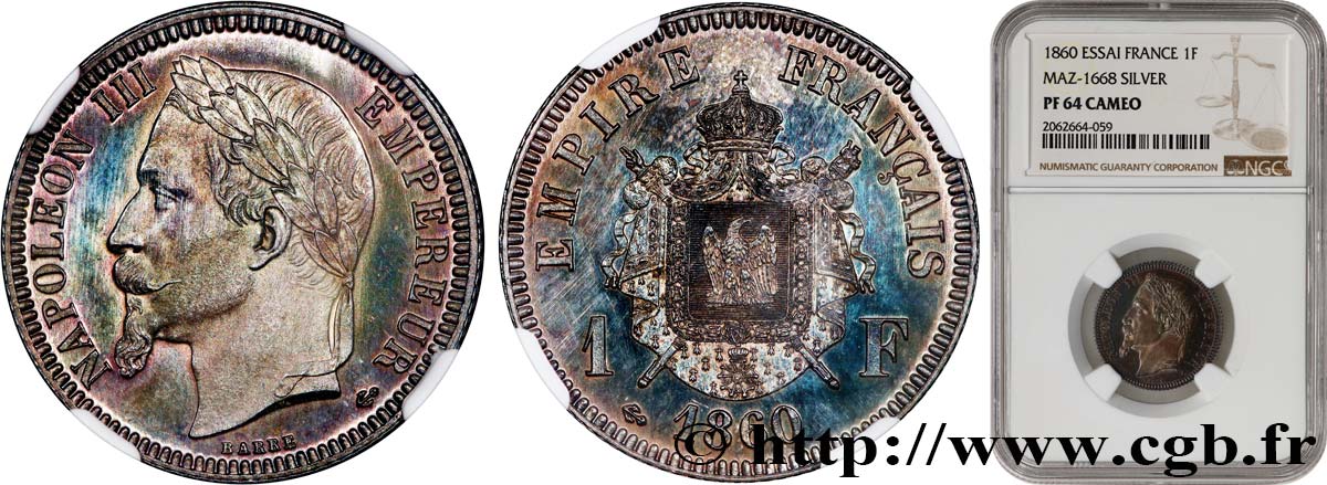 Essai flan bruni 1 franc Napoléon III, tête laurée par Barre 1860 Paris VG.3559  SC64 NGC