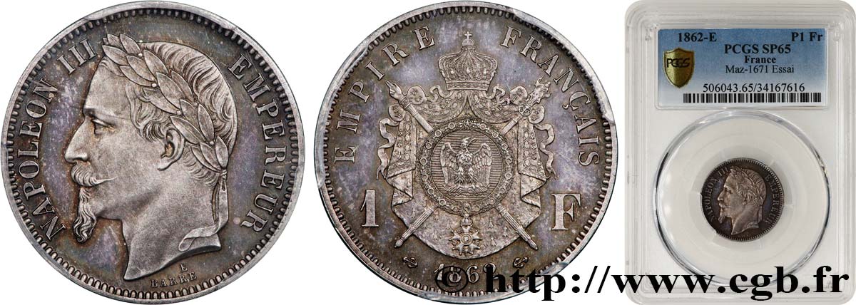 Essai de 1 franc Napoléon III, tête laurée 1862 Paris VG.3625  MS65 PCGS