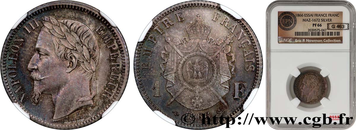 Essai de 1 franc Napoléon III, tête laurée par Barre 1866 Paris VG.3690  ST66 NGC