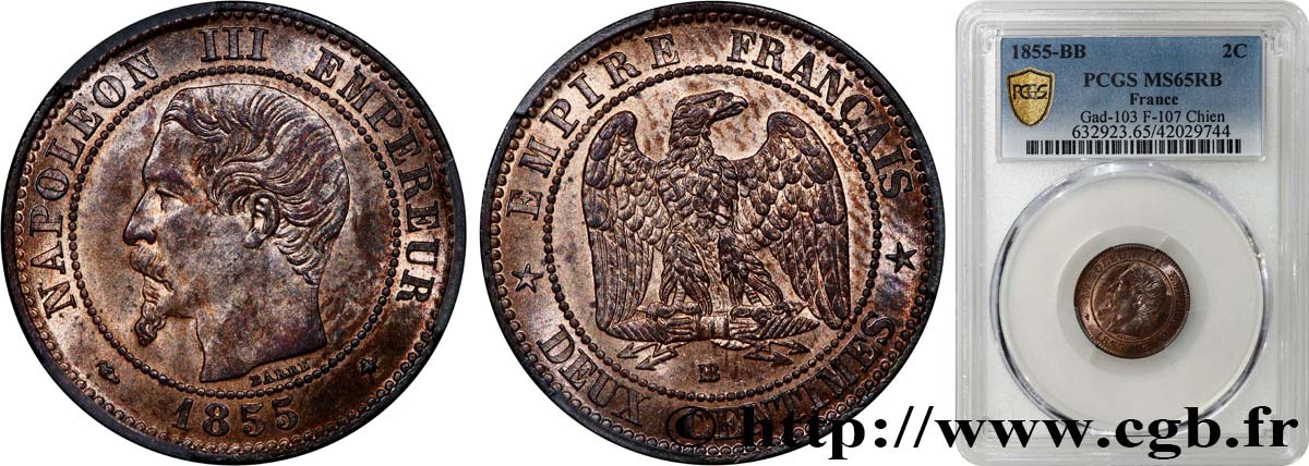 Deux centimes Napoléon III, tête nue 1855 Strasbourg F.107/23 ST65 PCGS