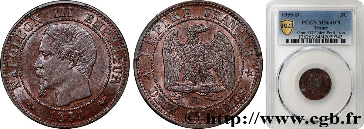 Deux centimes Napoléon III, tête nue 1855 Lyon F.107/27 SC64 PCGS