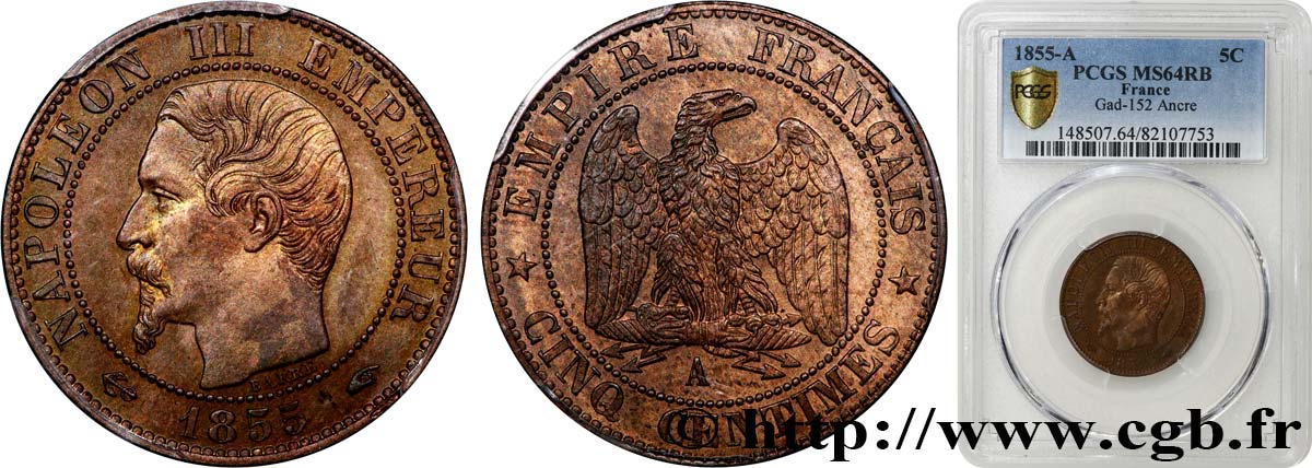 Cinq centimes Napoléon III, tête nue 1855 Paris F.116/17 SPL64 PCGS
