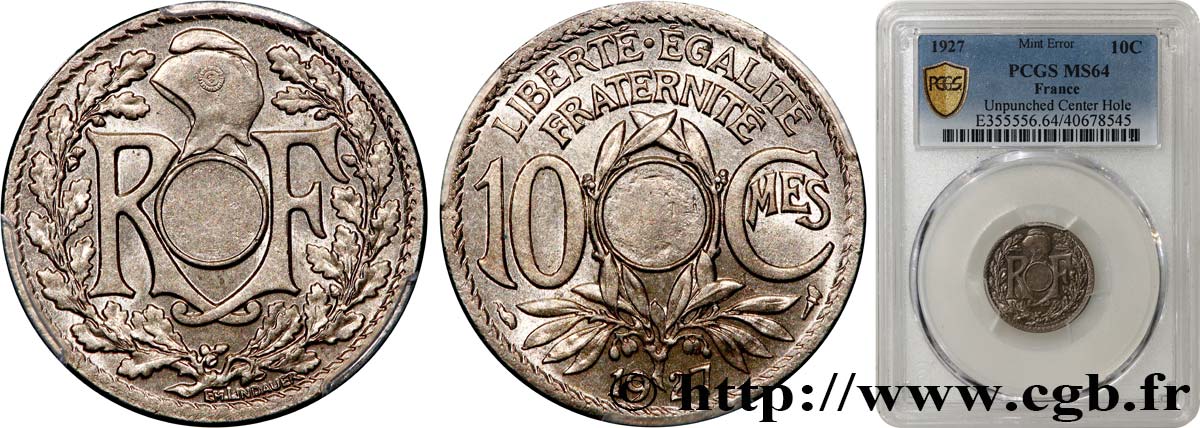 10 centimes Lindauer, Fauté non perforé 1927  F.138/14 var. SPL64 PCGS