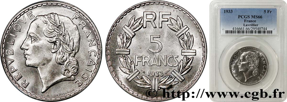 5 francs Lavrillier, nickel 1933  F.336/2 ST66 PCGS