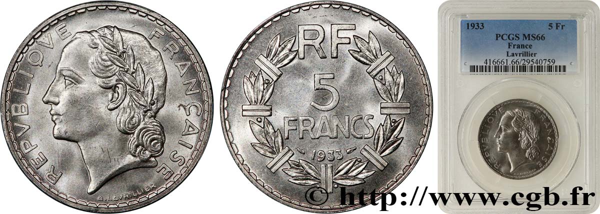 5 francs Lavrillier, nickel 1933  F.336/2 ST66 PCGS