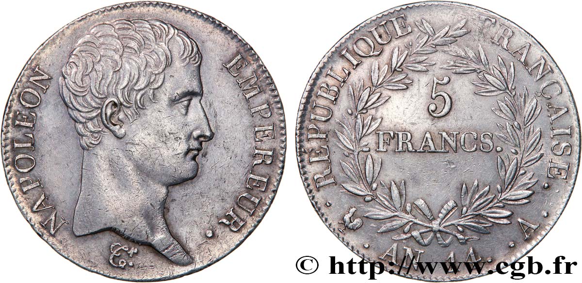 5 francs Napoléon Empereur, Calendrier révolutionnaire 1805 Paris F.303/19 MBC+ 
