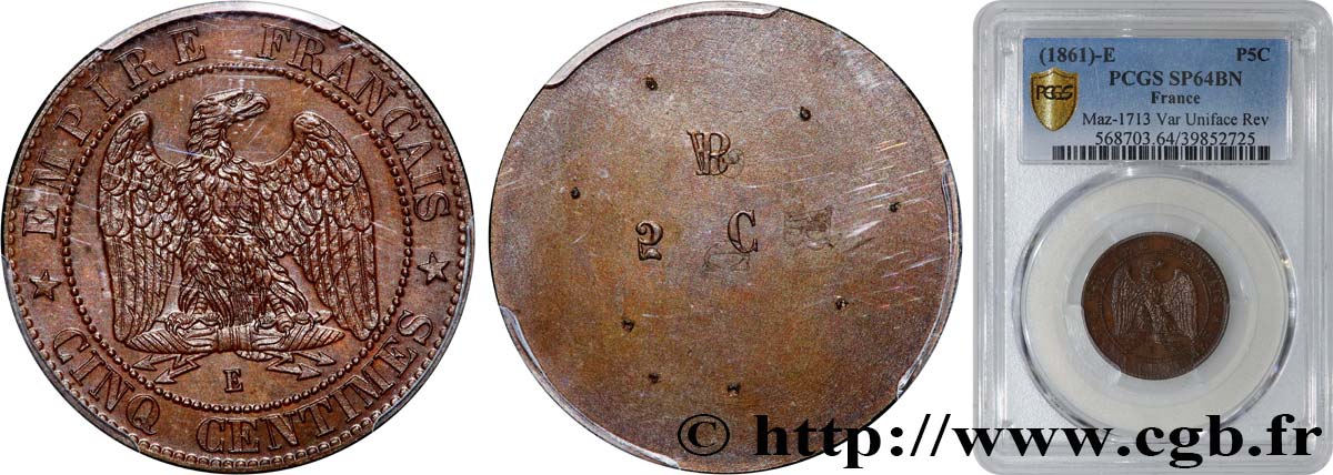 Essai uniface revers de Cinq centimes Napoléon III, tête laurée n.d.  Maz.1713  var. SPL64 PCGS