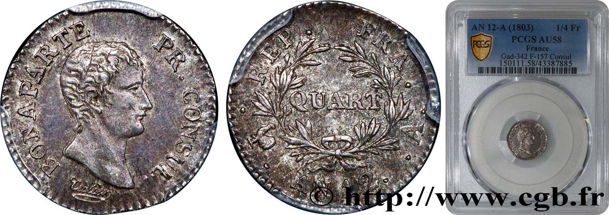 Quart (de franc) Bonaparte Premier Consul 1804 Paris F.157/1 AU58 PCGS