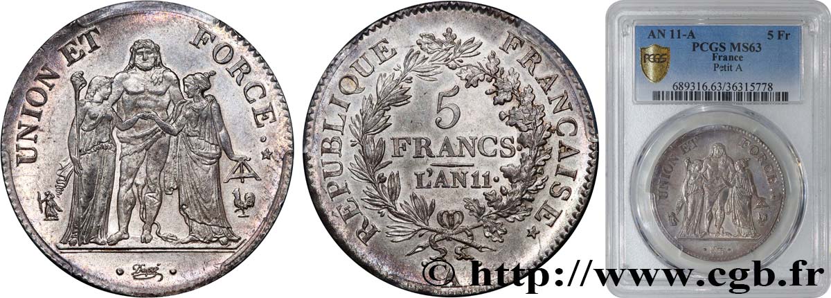 5 francs Union et Force, Union serré, seulement glands intérieurs 1803 Paris F.288/187 SC63 PCGS