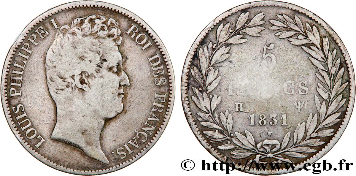 5 francs type Tiolier avec le I, tranche en creux 1831 La Rochelle F.315/18 TB25 