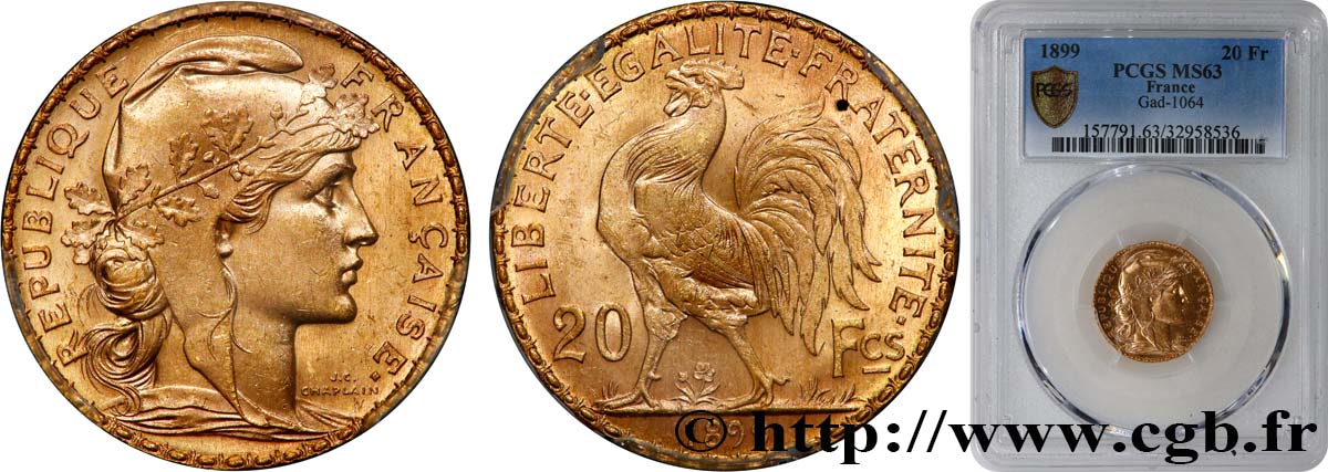 20 francs or Coq, Dieu protège la France 1899 Paris F.534/2 fST63 PCGS