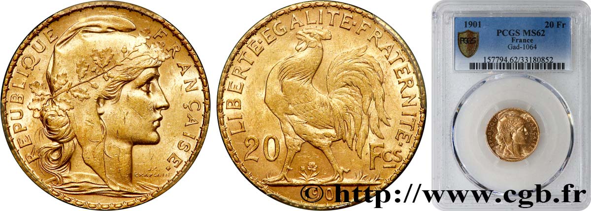 20 francs or Coq, Dieu protège la France 1901 Paris F.534/6 SPL62 PCGS