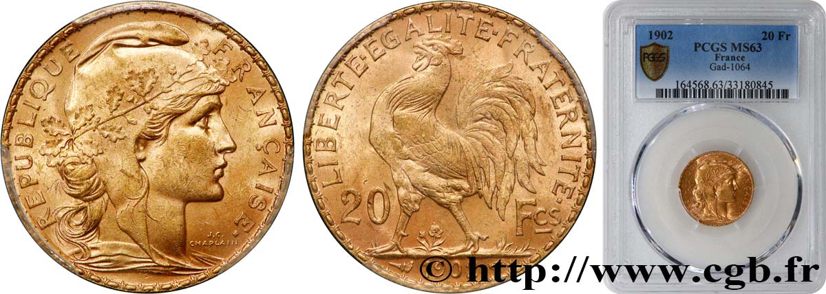20 francs or Coq, Dieu protège la France 1902 Paris F.534/7 SC63 PCGS