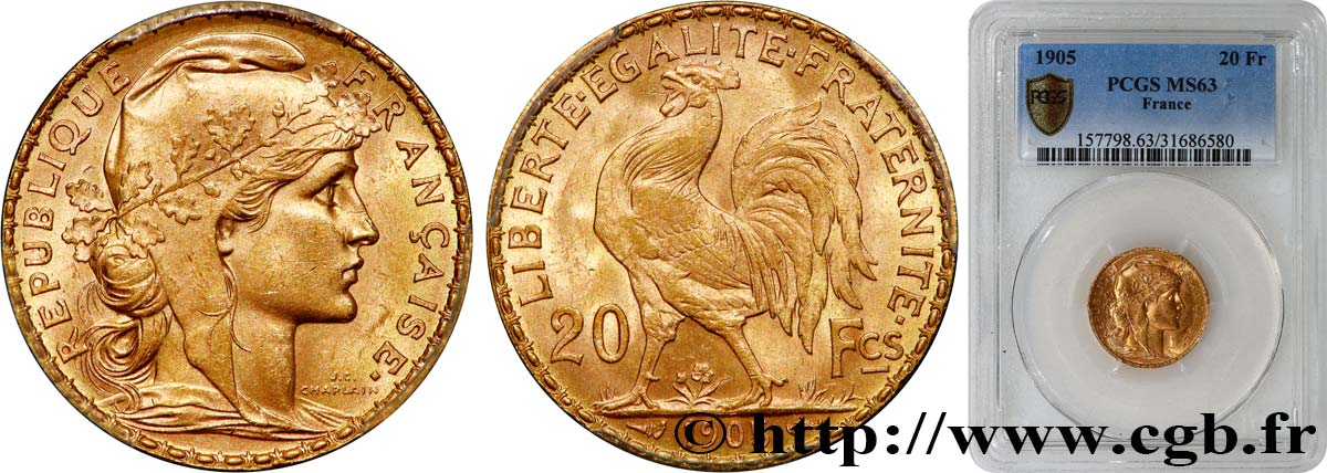 20 francs or Coq, Dieu protège la France 1905 Paris F.534/10 SPL63 PCGS