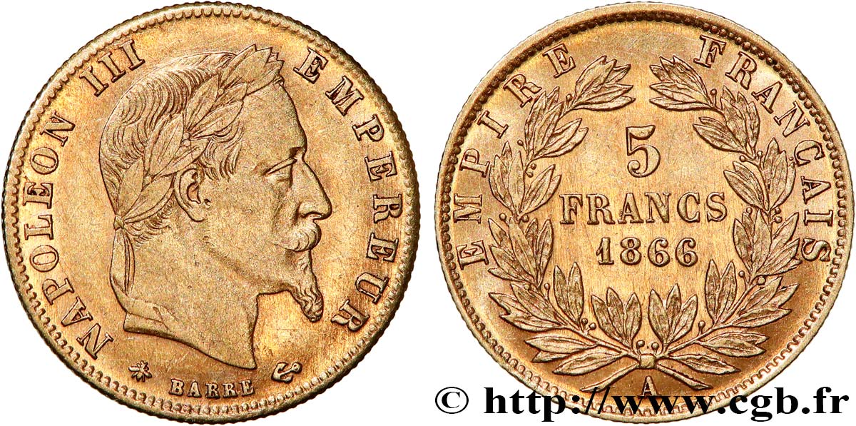 5 francs or Napoléon III, tête laurée 1866 Paris F.502/9 MBC+ 