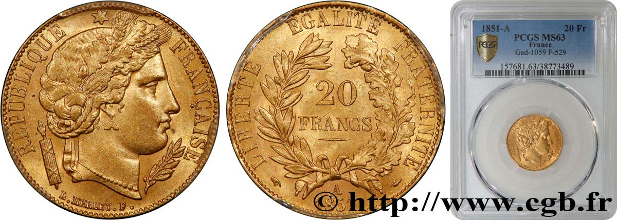 20 francs or Cérès 1851 Paris F.529/4 SPL63 PCGS