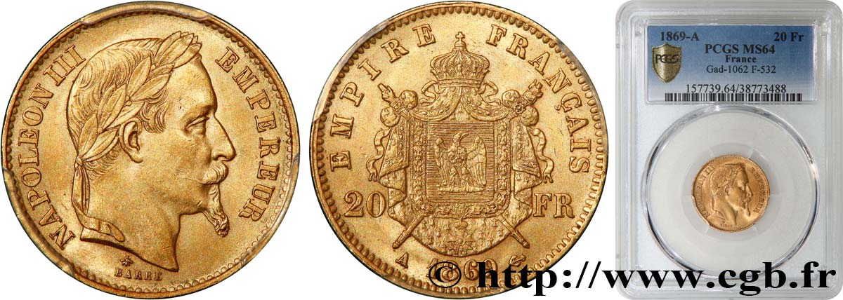 20 francs or Napoléon III, tête laurée 1869 Paris F.532/20 fST64 PCGS