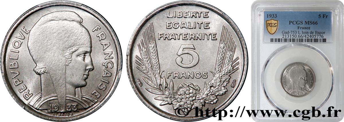 5 francs Bazor 1933  F.335/2 ST66 PCGS