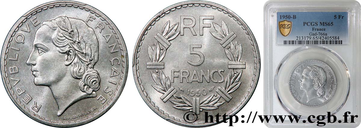5 francs Lavrillier, aluminium 1950 Beaumont-Le-Roger F.339/21 ST65 PCGS