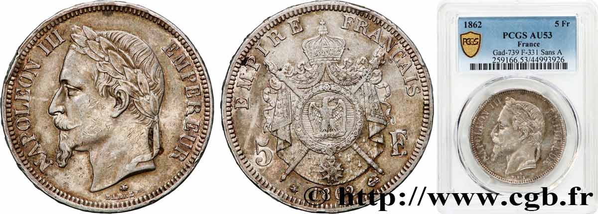 5 francs Napoléon III, tête laurée, sans le A 1862 Paris F.331/4 MBC53 PCGS