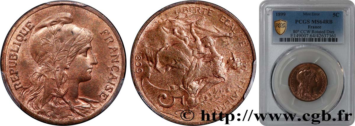5 centimes Daniel-Dupuis, Coins Tournés 1899  F.119/7 var. MS64 PCGS