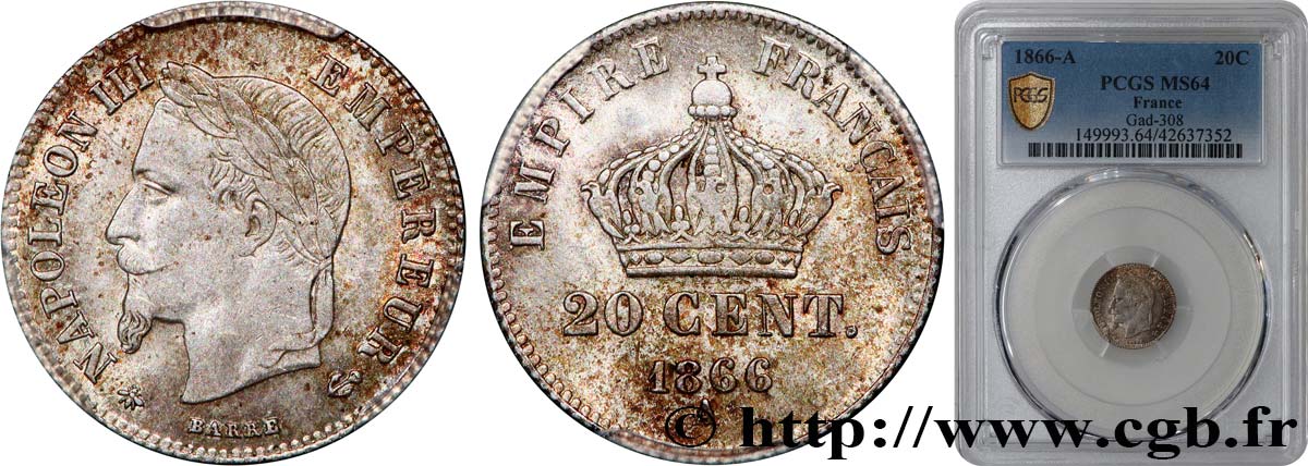 20 centimes Napoléon III, tête laurée, petit module 1866 Paris F.149/4 SPL64 PCGS