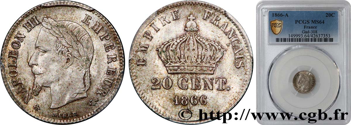 20 centimes Napoléon III, tête laurée, petit module 1866 Paris F.149/4 SC64 PCGS