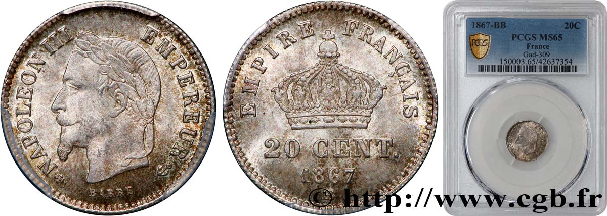 20 centimes Napoléon III, tête laurée, grand module 1867 Strasbourg F.150/2 MS65 PCGS