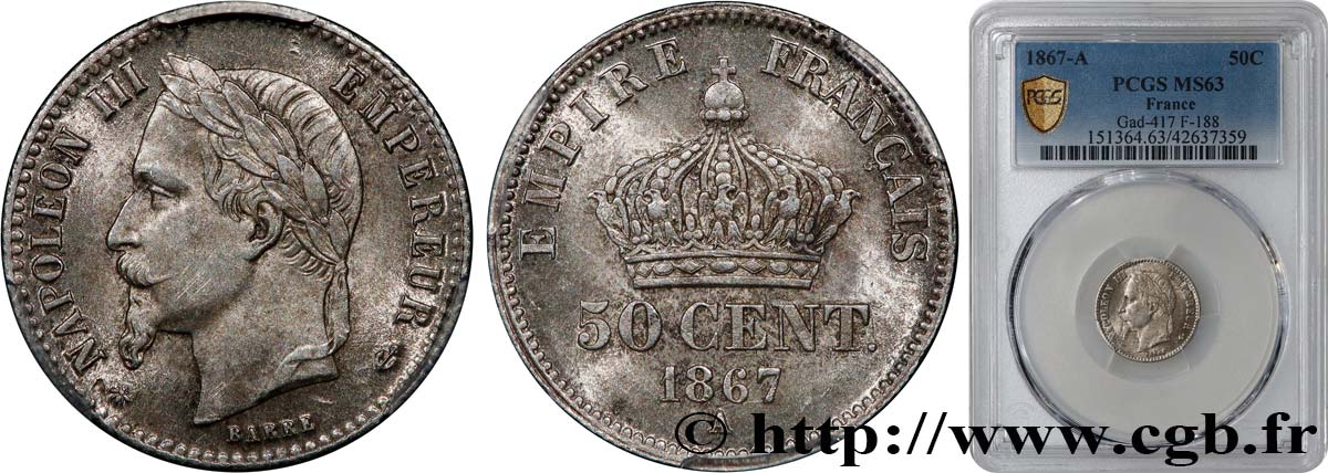 50 centimes Napoléon III, tête laurée 1867 Paris F.188/13 SPL63 PCGS