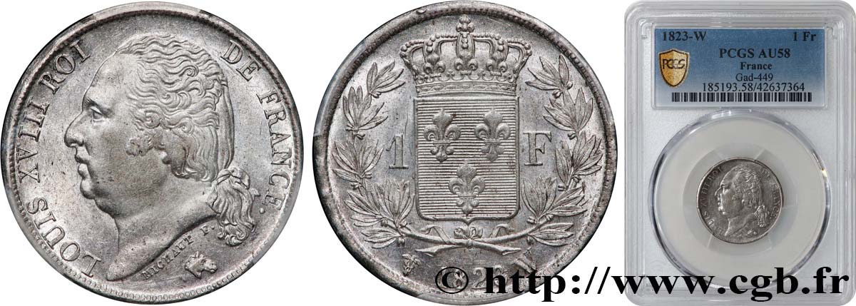 1 franc Louis XVIII 1823 Lille F.206/54 SUP58 PCGS