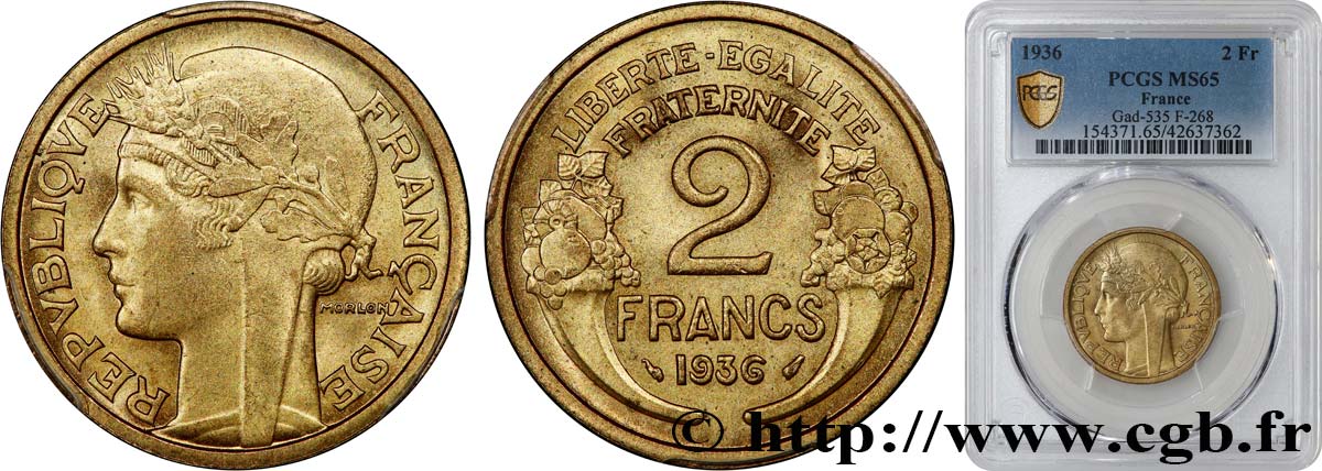 2 francs Morlon 1936  F.268/9 FDC65 PCGS