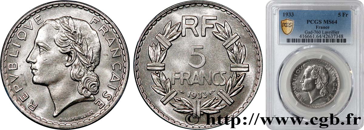 5 francs Lavrillier, nickel 1933  F.336/2 MS64 PCGS