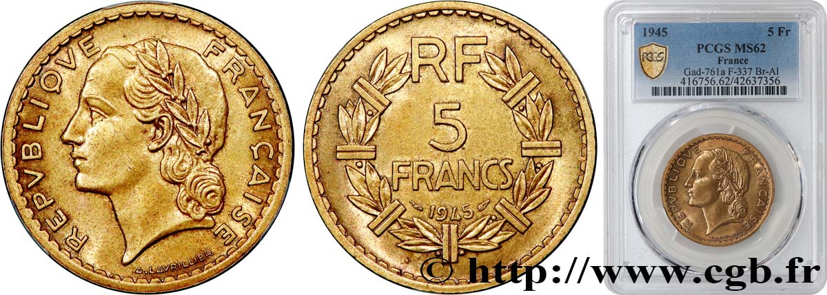 5 francs Lavrillier, bronze-aluminium 1945  F.337/5 SUP62 PCGS