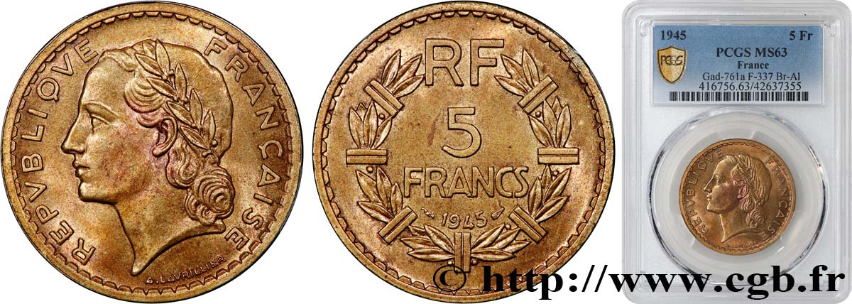 5 francs Lavrillier, bronze-aluminium 1945  F.337/5 SC63 PCGS