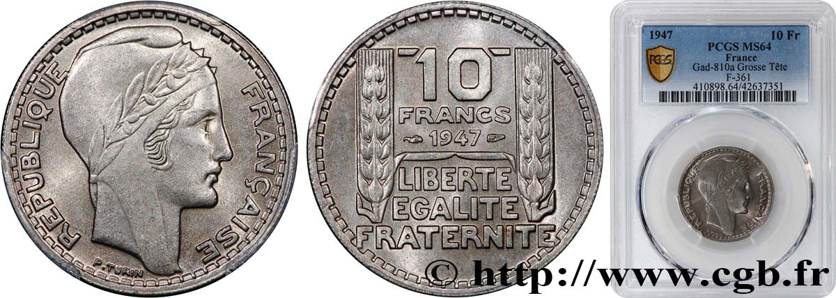 10 francs Turin, grosse tête, rameaux courts 1947  F.361A/4 SC64 PCGS
