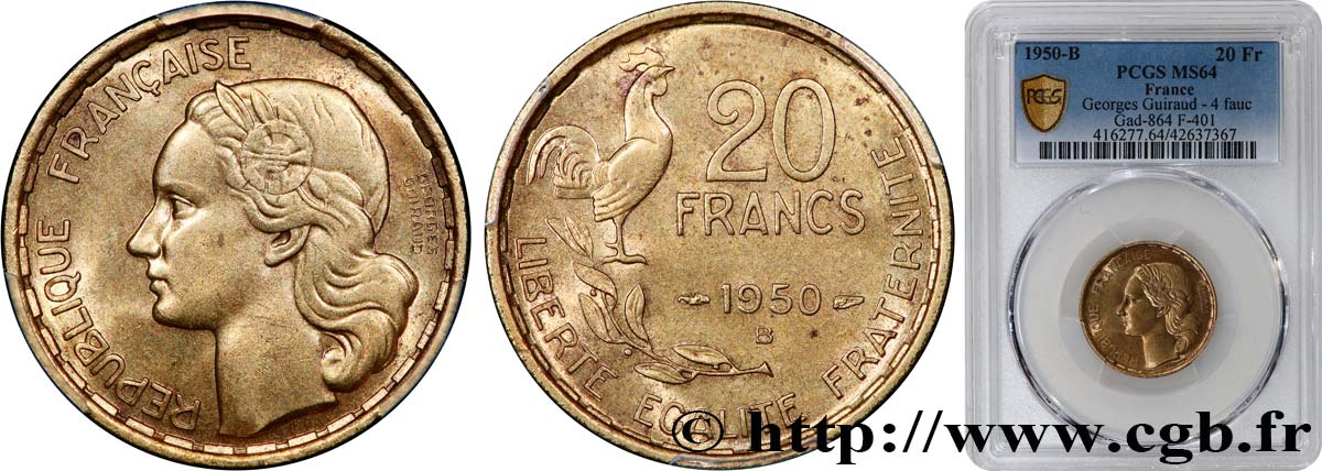 20 francs Georges Guiraud, 4 faucilles 1950 Beaumont-Le-Roger F.401/3 fST64 PCGS