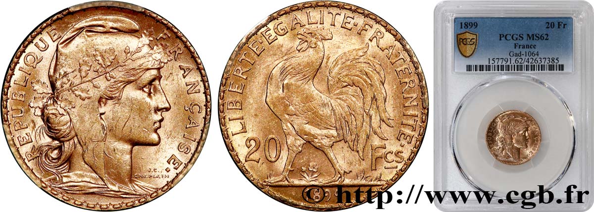 20 francs or Coq, Dieu protège la France 1899 Paris F.534/2 MS62 PCGS