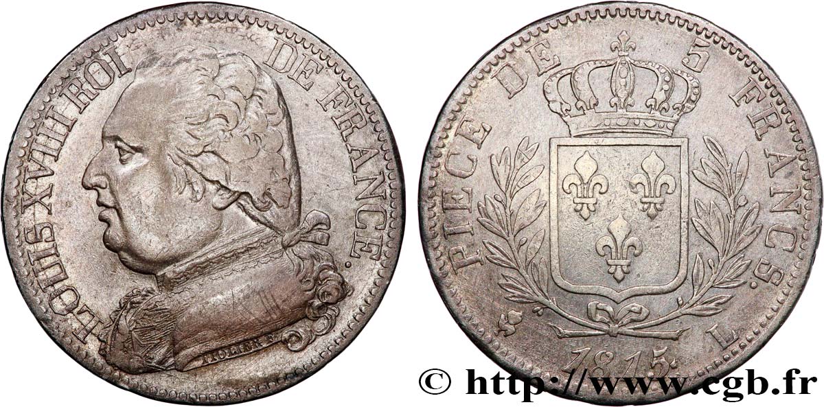 5 francs Louis XVIII, buste habillé 1815 Bayonne F.308/24 BC+ 