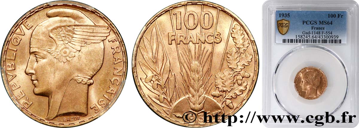 100 francs or, Bazor 1935 Paris F.554/6 SC64 PCGS