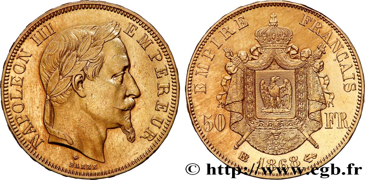50 francs or Napoléon III, tête laurée 1868 Strasbourg F.548/11 TTB+ 