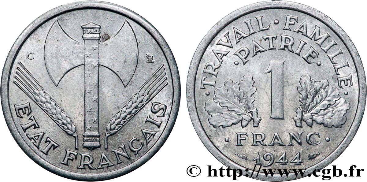1 franc Francisque, légère 1944 Castelsarrasin F.223/7 SUP55 