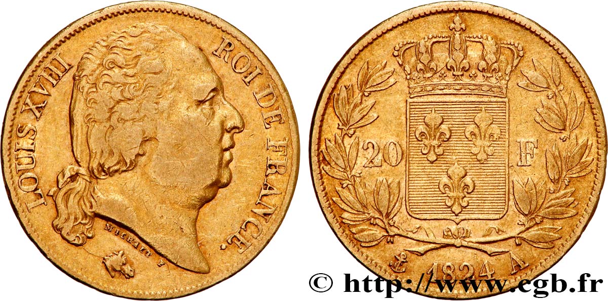 20 francs or Louis XVIII, tête nue 1824 Paris F.519/31 BB40 