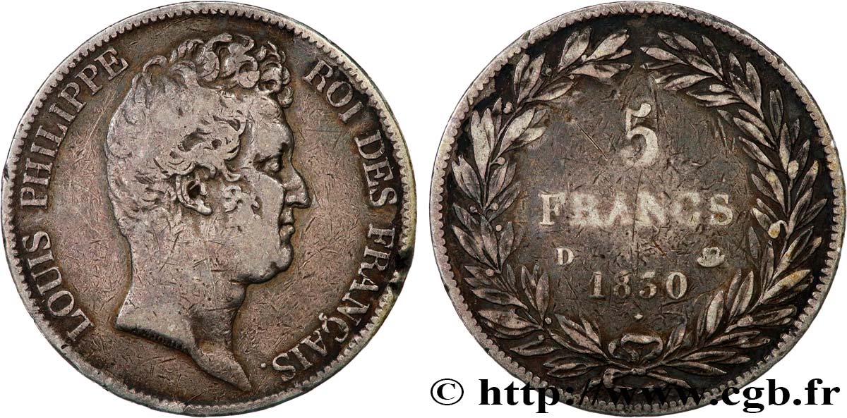 5 francs type Tiolier sans le I, tranche en creux 1830 Lyon F.313/3 VF 