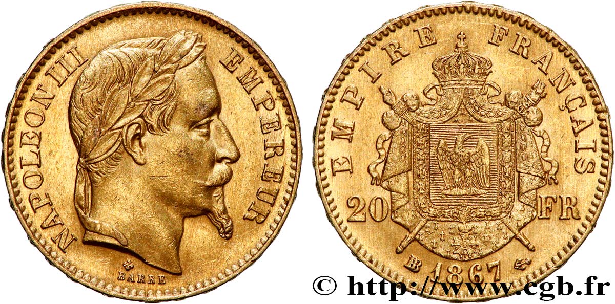 20 francs or Napoléon III, tête laurée, grand BB 1867 Strasbourg F.532/17 SUP55 
