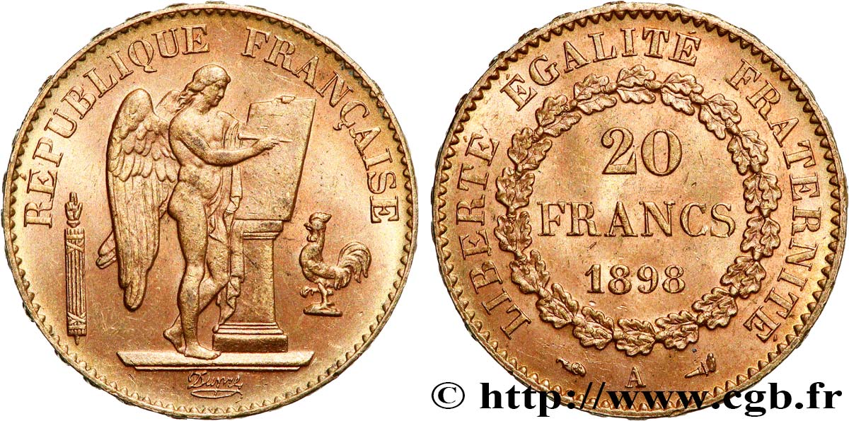 20 francs or Génie, Troisième République 1898 Paris F.533/23 AU58 